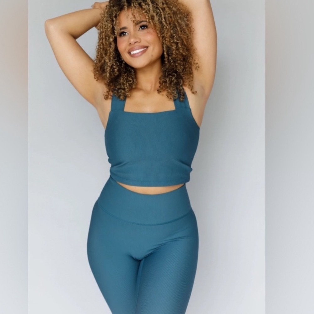 Salt Project Ribbed Energy Tank Teal Blue Square Neck Crop Top Bra Size S 1T25A5
